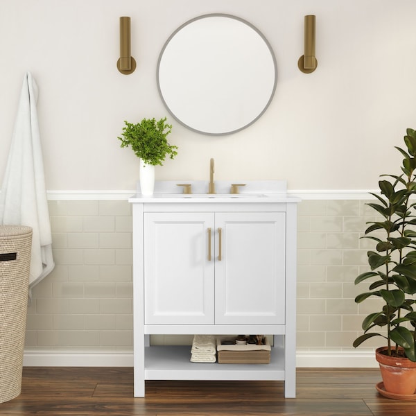 Flash Furniture Vega 30 Inch Vanity w/Sink Combo, Storage Cabinet w/Soft Close Doors and Open Shelf, White/Gold FS-VEGA30-WH-GLD-GG - main